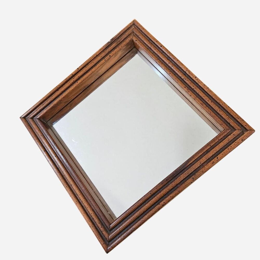 vintage boho cottagecore wood diamond square mirror